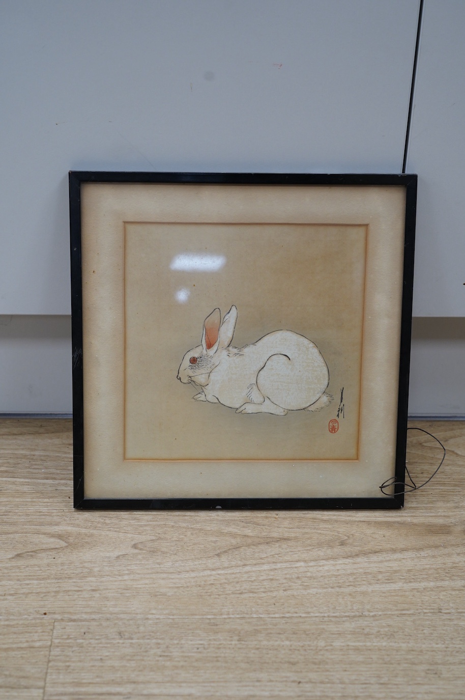 Japanese School, mixed media and watercolour, Study of a rabbit, with character marks and red seal mark, 22.5 x 22.5cm. Condition - poor to fair